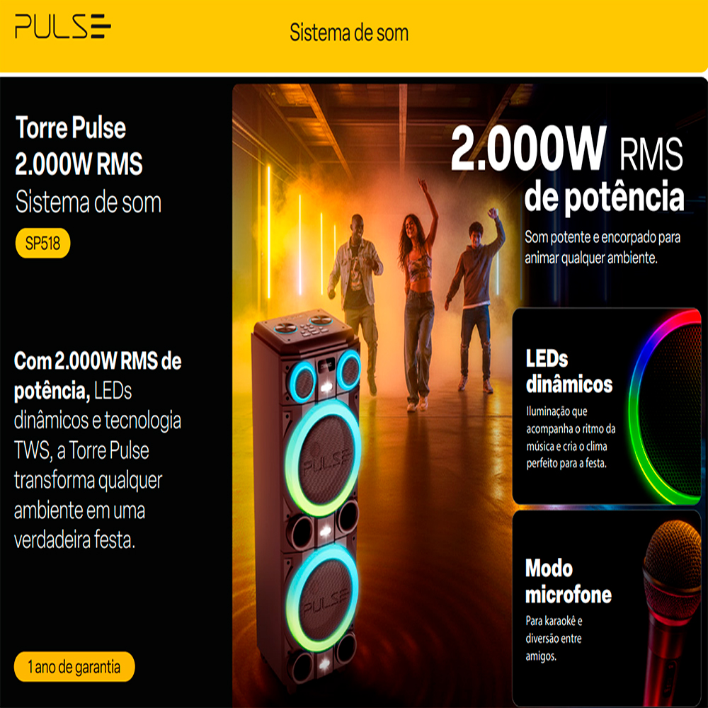 Caixa De Som Pulse Torre SP518 2000W Bluetooth