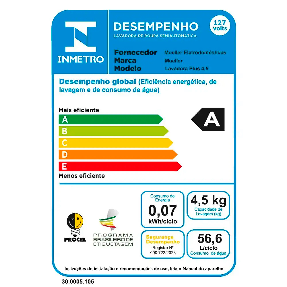 Tanquinho Mueller Plus 4,5kg Semiautomático Lavagem Rápida