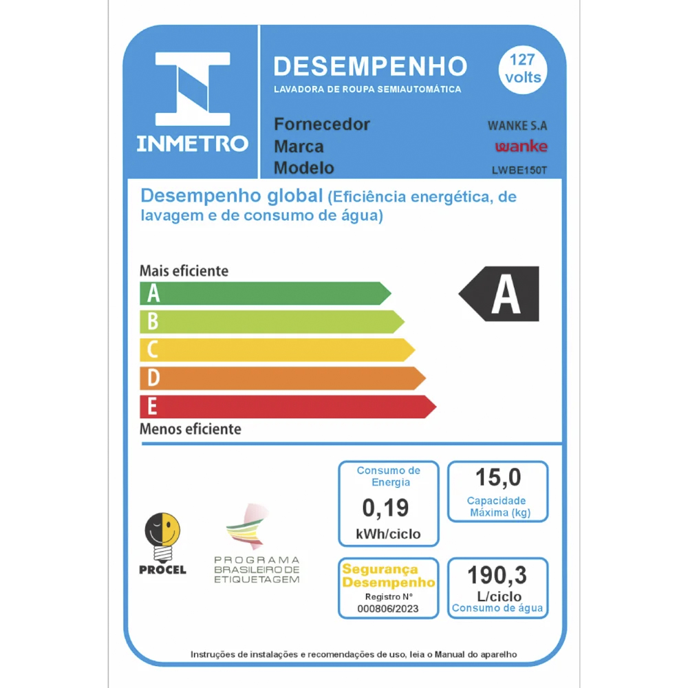 Tanquinho Wanke Premium 15kg Semiautomático 10 programas LWBE150T3