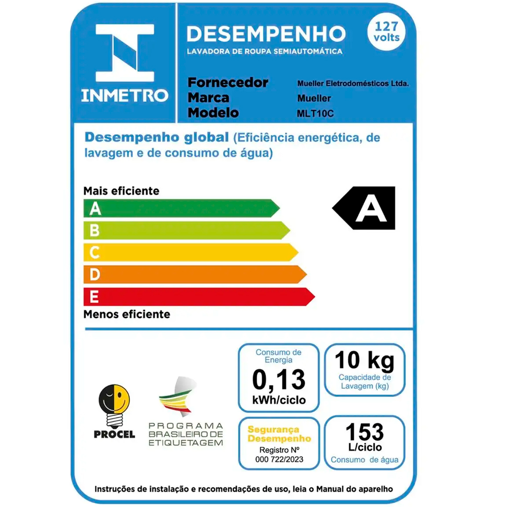 Tanquinho Mueller 10kg Lavagem por Turbilhonamento MLT10C