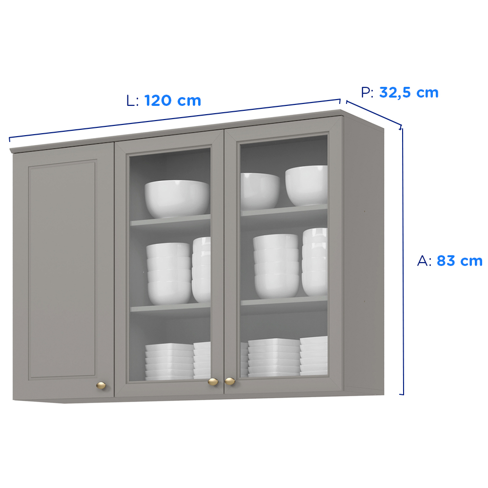 Armário Aéreo 3 Portas com Vidro Americana Henn