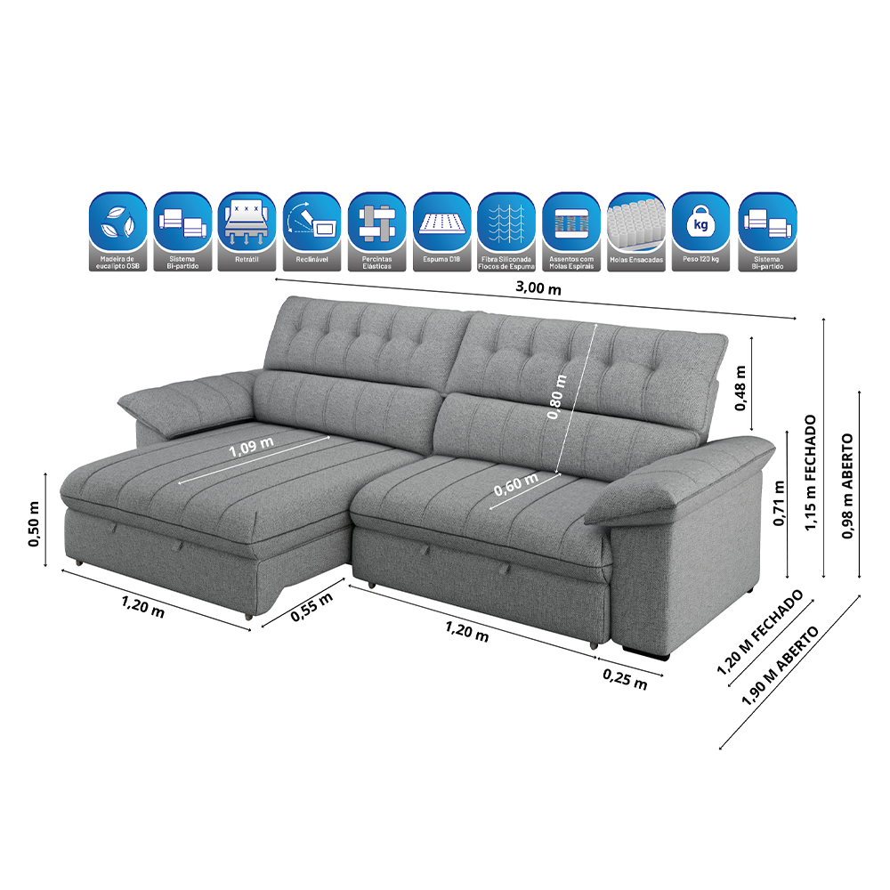 Sofá Retrátil e Reclinável 300cm Besthouse Torino