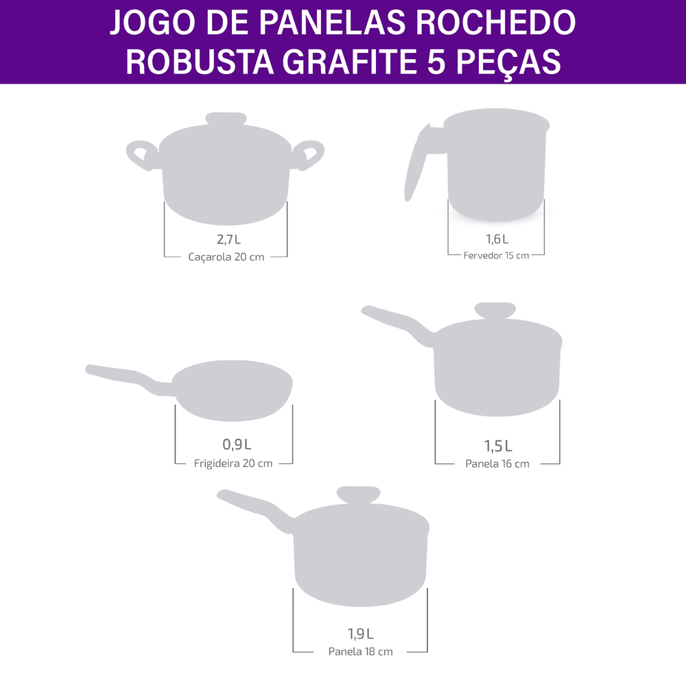 Jogo de Panelas Rochedo Antiaderente 5 Peças Robusta